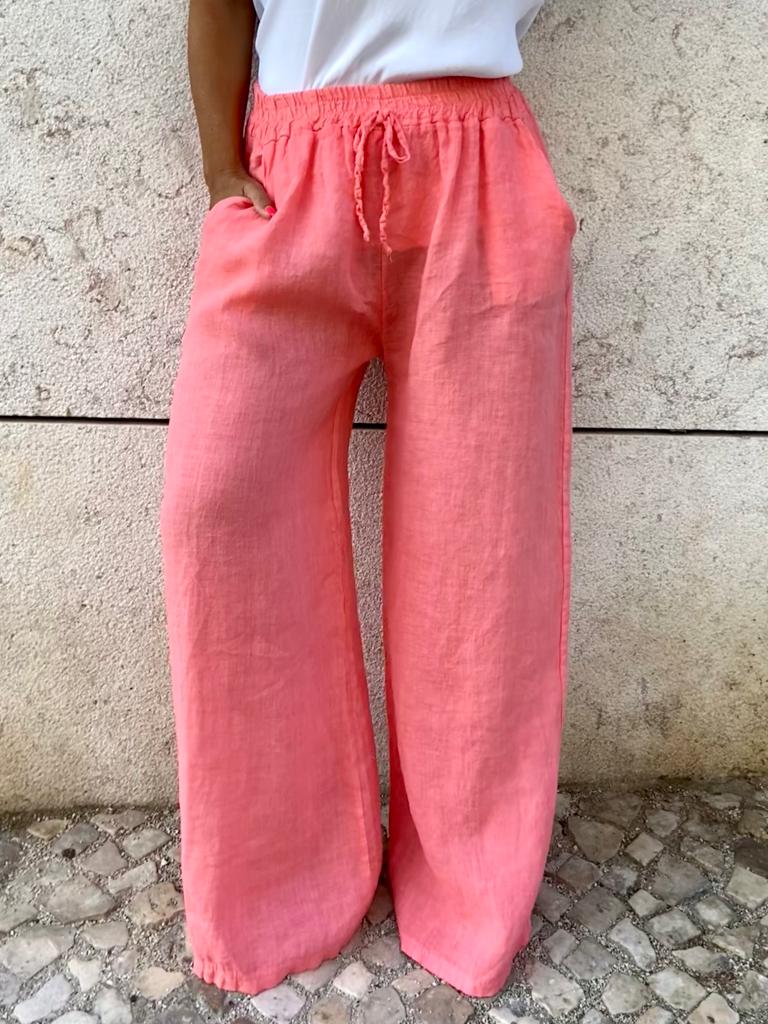Calças largas rosa com cintura elástica e cordão ajustável