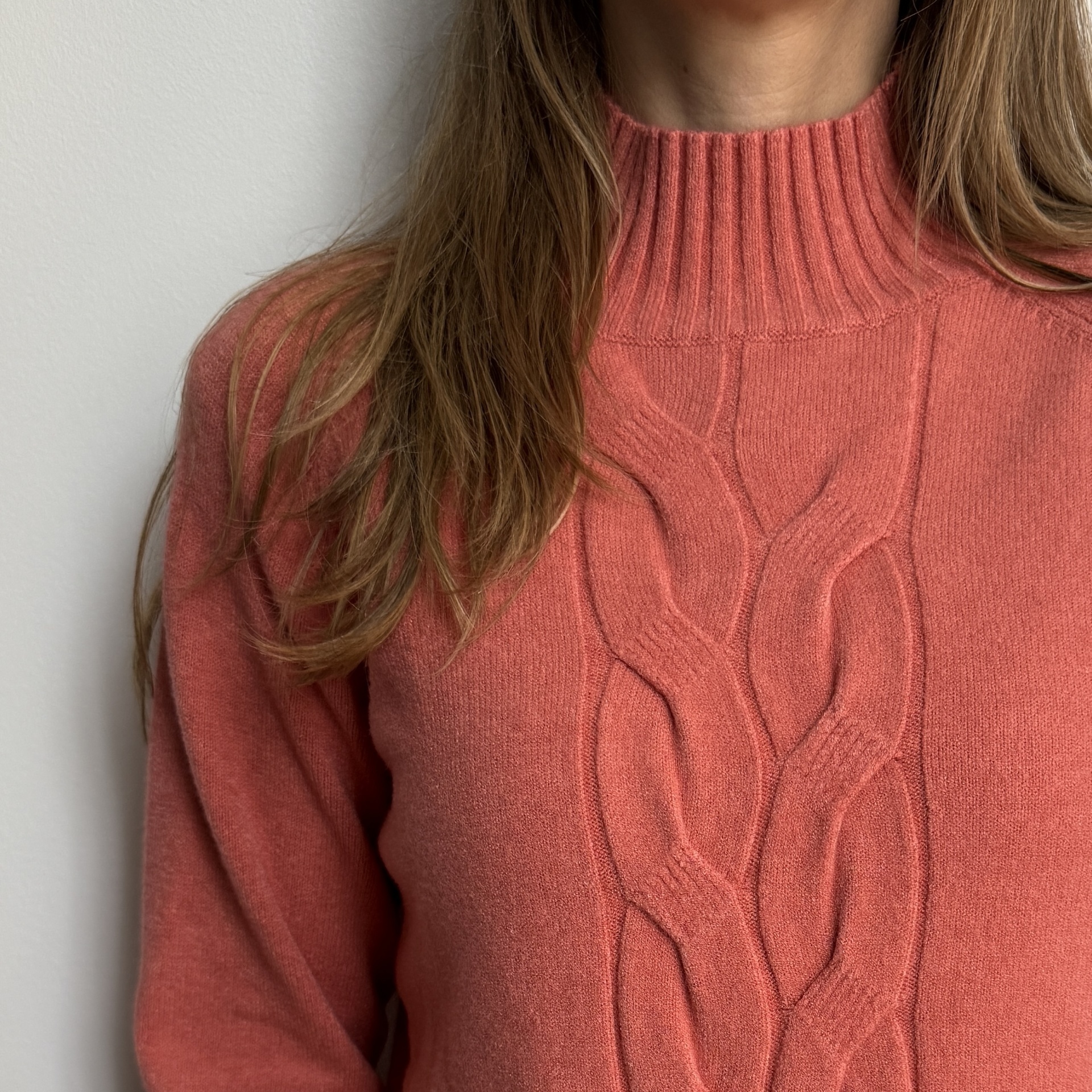 Camisola de malha terracota com padrão de trança e gola alta