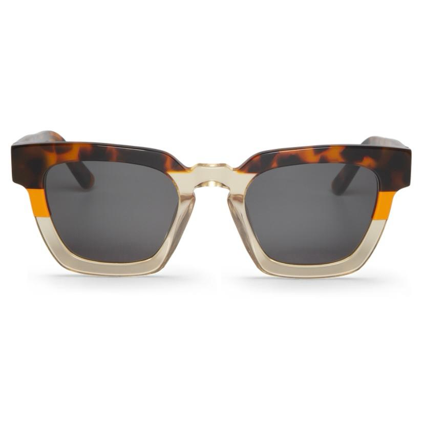 Óculos de sol quadrados com armação castanho malhada, bege translúcido e detalhe amarelo