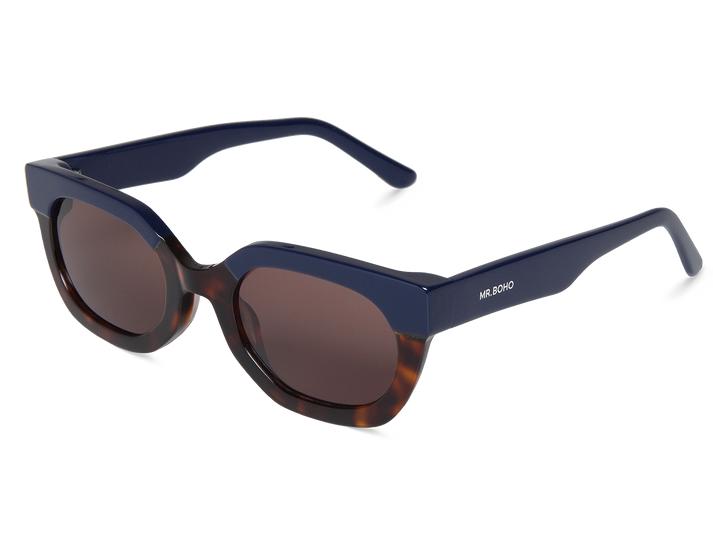 Óculos de sol quadrados castanhos com hastes azuis e lentes escuras