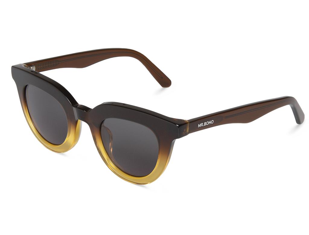 Óculos de sol castanho escuro e amarelo com lentes escuras