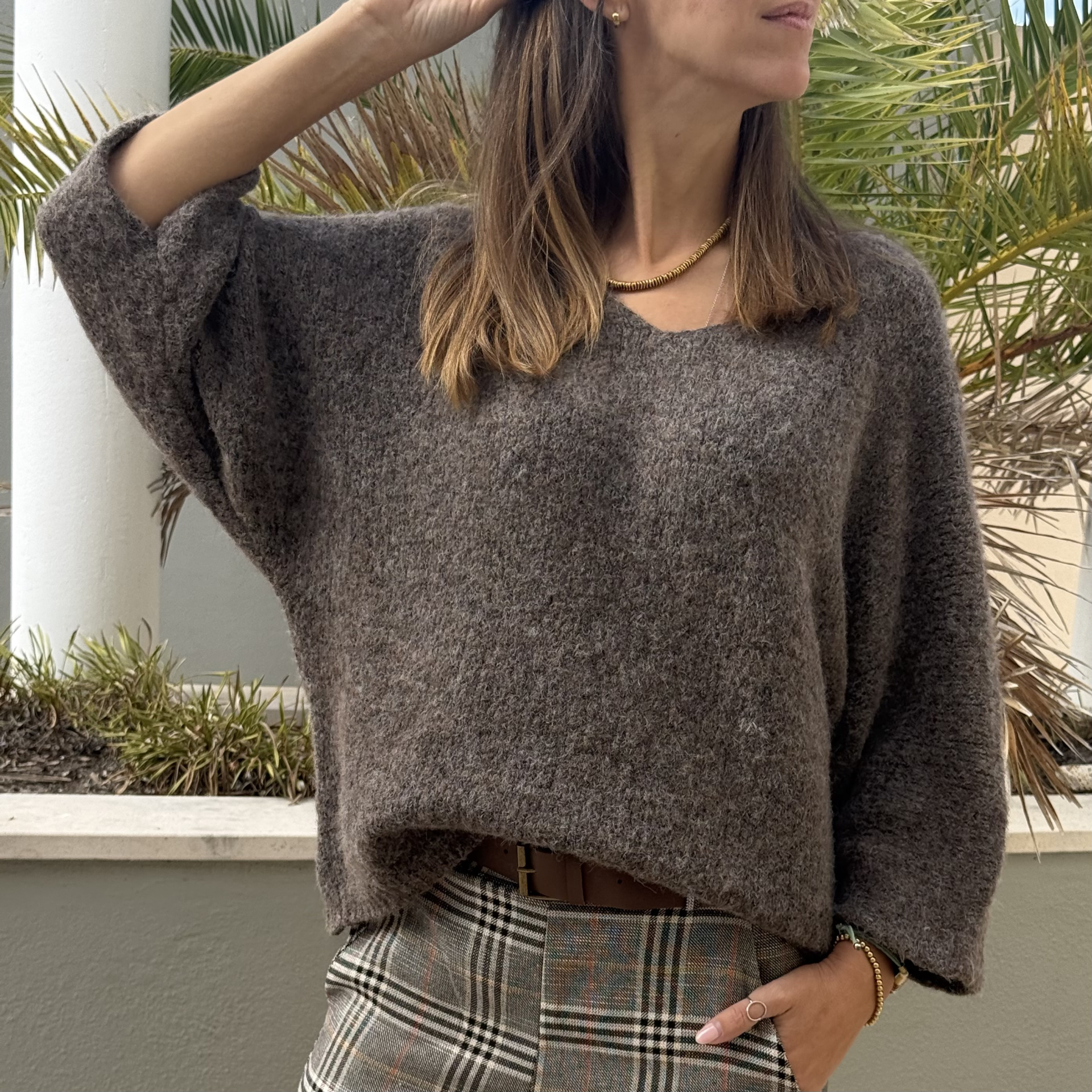 Camisola cinza de malha com padrão texturizado e calças xadrez com cinto castanho, com plantas ao fundo