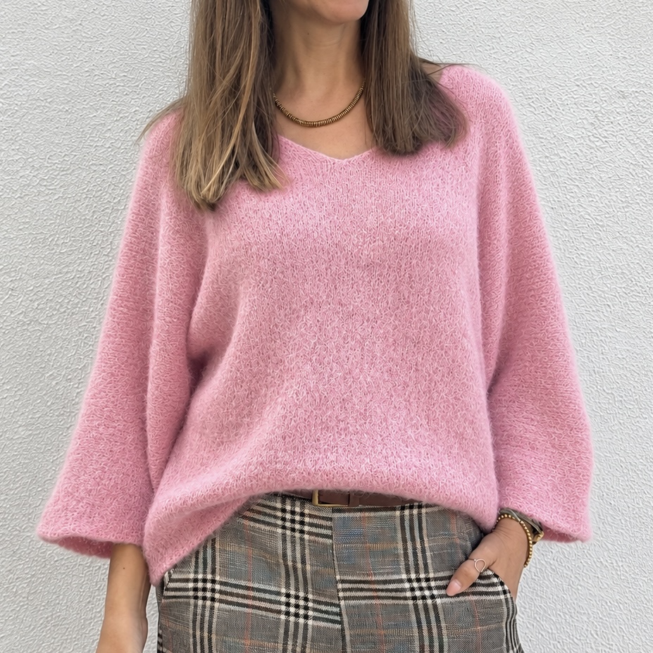 Camisola rosa de malha felpuda com decote em V e mangas largas 3/4