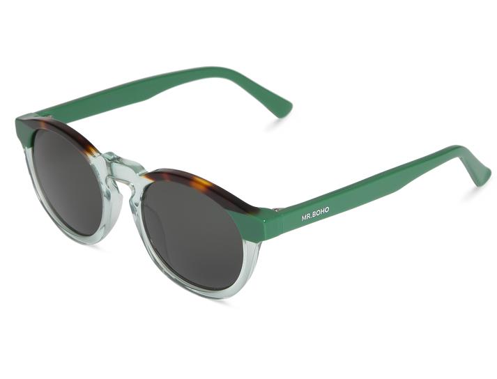 Óculos de sol redondos com armação verde, castanho e lente escura