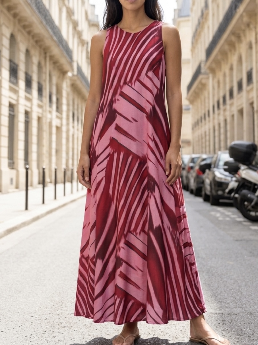 Vestido comprido sem mangas rosa e vermelho com padrão abstrato numa rua urbana