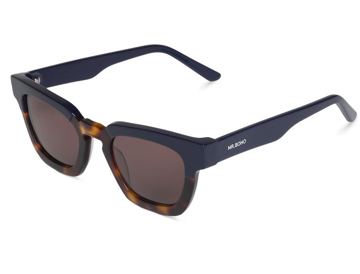 Óculos de sol quadrados azul escuro e castanho com lentes castanhas