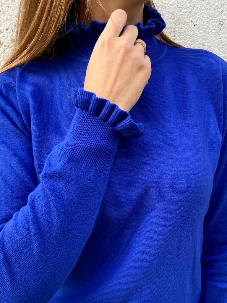 Camisola azul royal de malha com gola e punhos franzidos