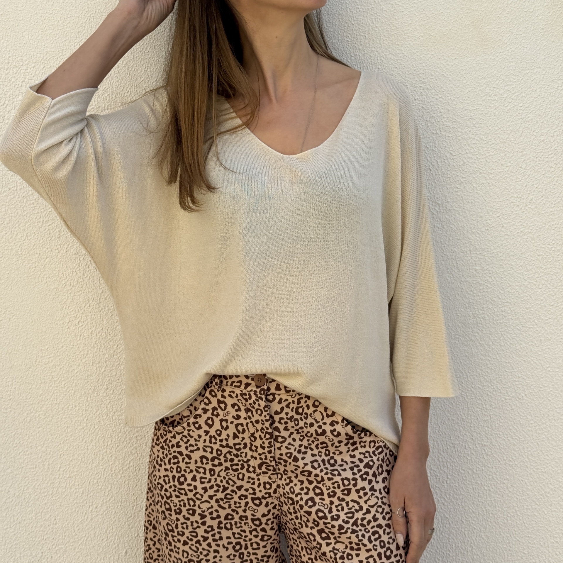 Blusa bege de malha com decote em V e calças animal print castanhas