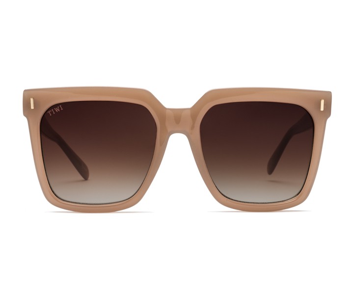 Óculos de sol quadrados com armação bege e lentes castanhas degradê