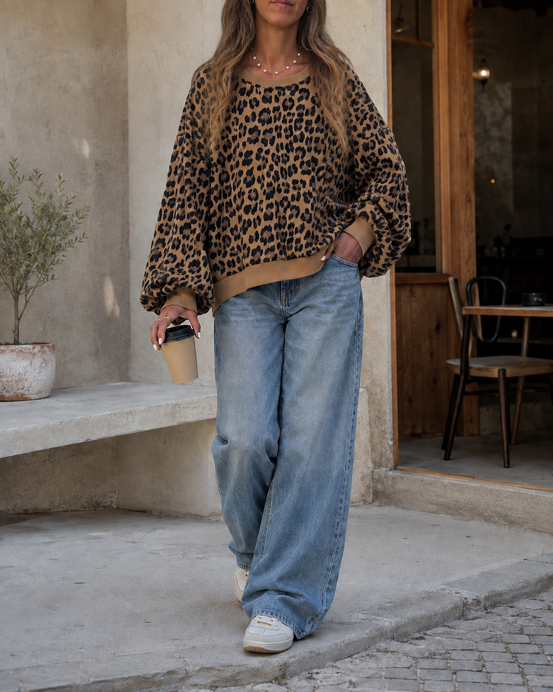 Sweatshirt animal print castanha e preta com jeans largos azul claro e ténis brancos