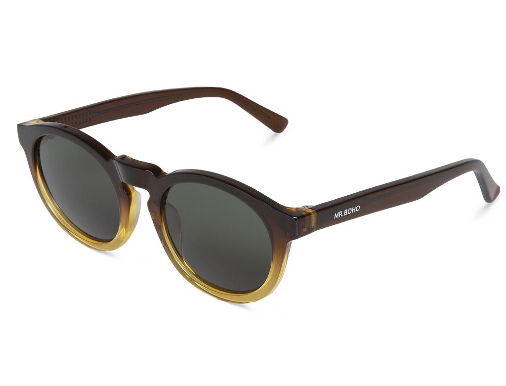 Óculos de sol castanhos e amarelos com lentes escuras e texto MR BOHO