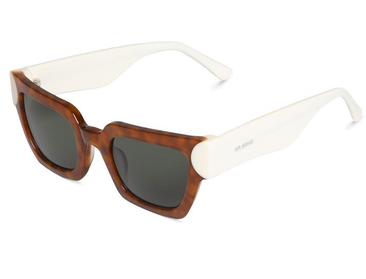 Óculos de sol quadrados com armação marrom e hastes brancas