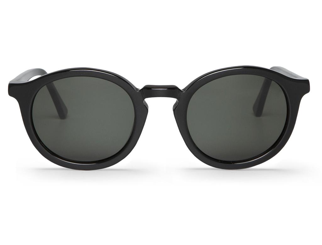 Óculos de sol redondos com armação preta e lentes escuras