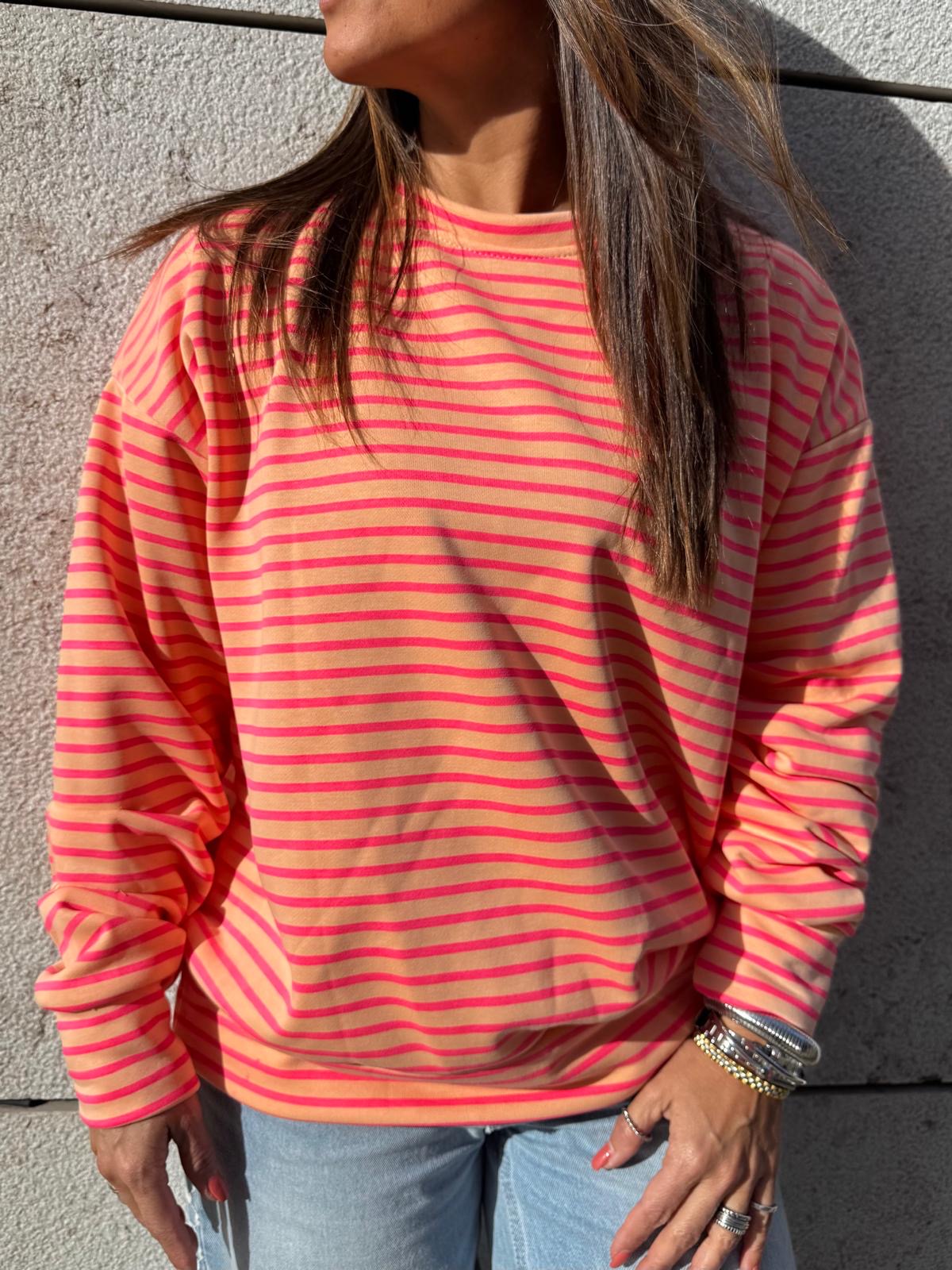 Camisola de malha riscada rosa e vermelho com manga comprida