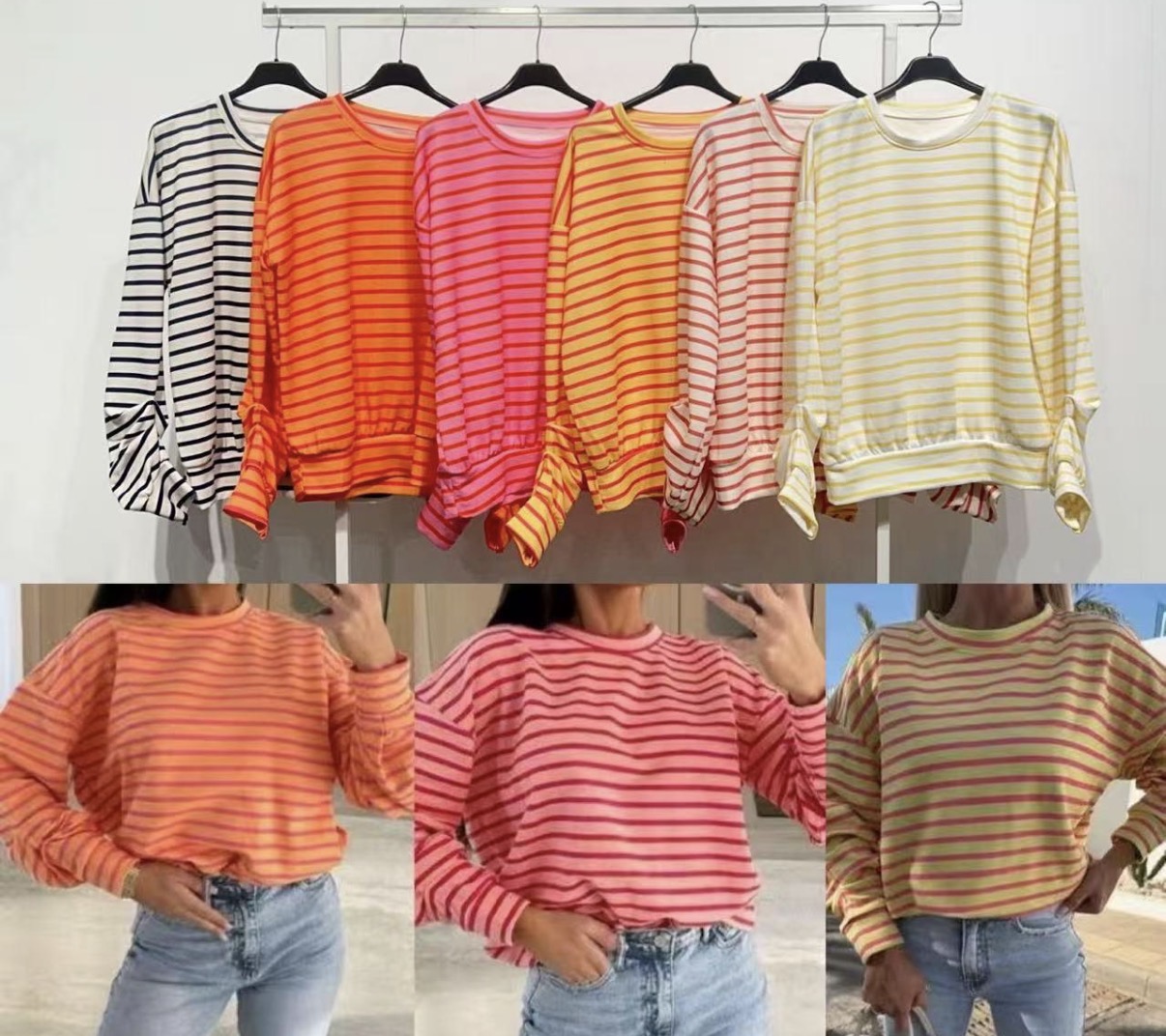 Cinco sweatshirts com riscas horizontais em diferentes cores penduradas e três imagens inferiores com detalhes das mesmas sweatshirts vestidas com jeans.