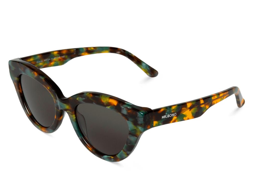 Óculos de sol redondos padrão tartaruga com lentes pretas e texto MR.BONO