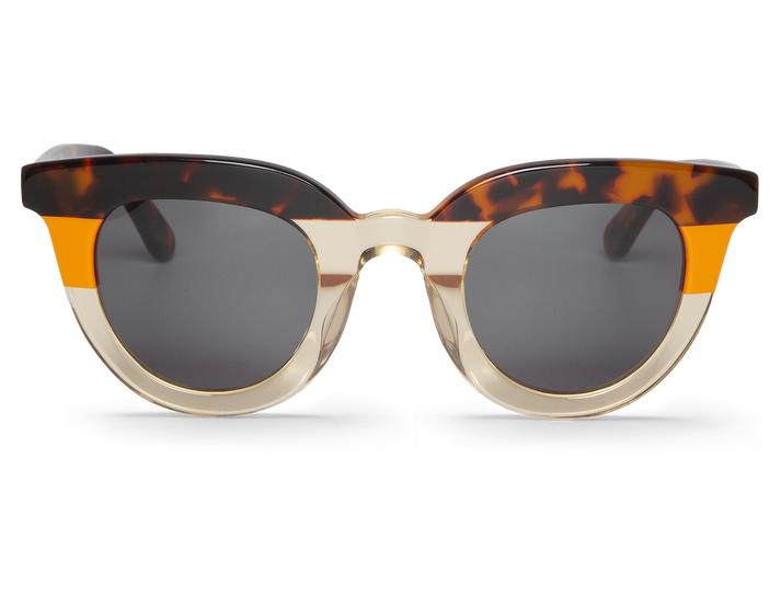 Óculos de sol com armação transparente bege, padrão tartaruga castanho e faixa laranja