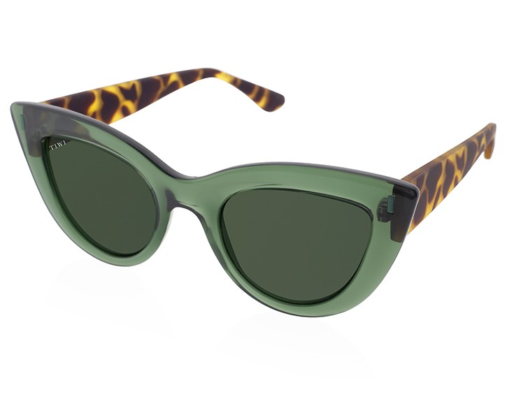 Óculos de sol cat eye verde com hastes em padrão tartaruga