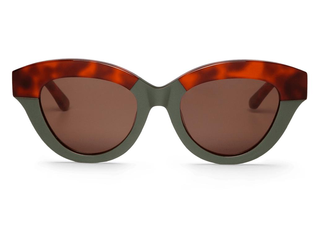 Óculos de sol castanho avermelhado e verde com lentes marrons