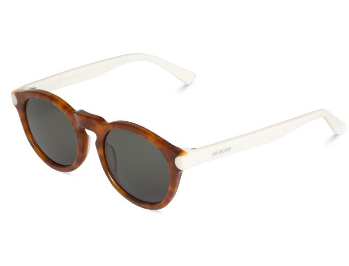 Óculos de sol com armação tartaruga castanha e hastes brancas