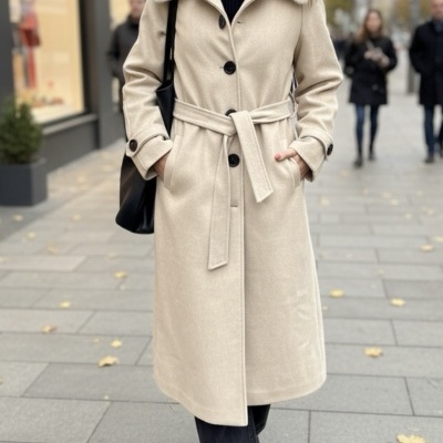 Casaco comprido bege com cinto e gola de pelo sintético