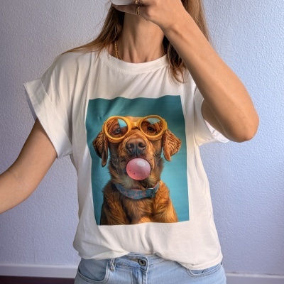 T-shirt branca com estampado de cão com óculos amarelos a assoprar chiclete cor-de-rosa.