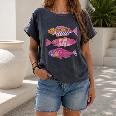 T-shirt cinza escuro com três peixes coloridos estampados na frente e calções de ganga azul claro.