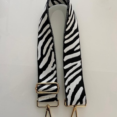 Correia para mala zebra preto e branco com ferragens douradas