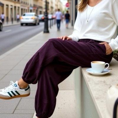 Pessoa sentada numa calçada de cidade com roupa casual e sapatilhas.