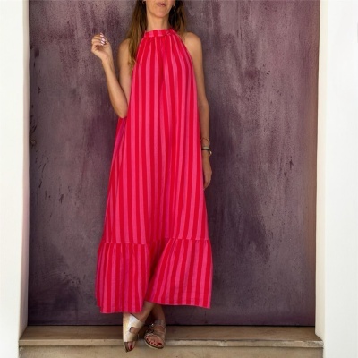 Vestido feminino comprido rosa às riscas
