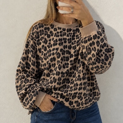 Mulher com sweat animal print castanho a vestir e calças jeans azuis