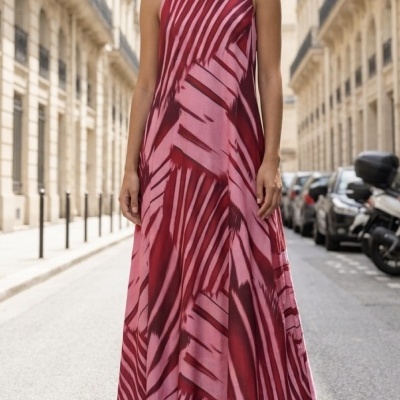 Vestido comprido sem mangas rosa e vermelho com padrão abstrato numa rua urbana