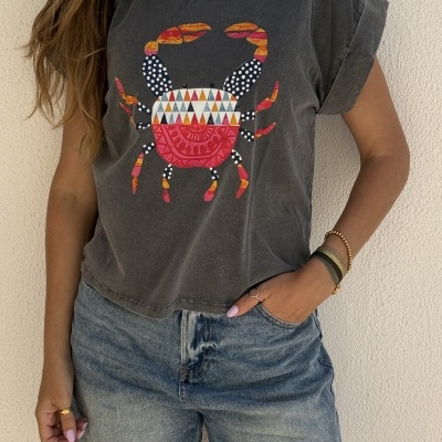 T-shirt cinza escuro com caranguejo colorido e calções de ganga azul claro