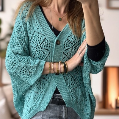 Cardigan tricotado azul turquesa com padrão rendado e botão castanho