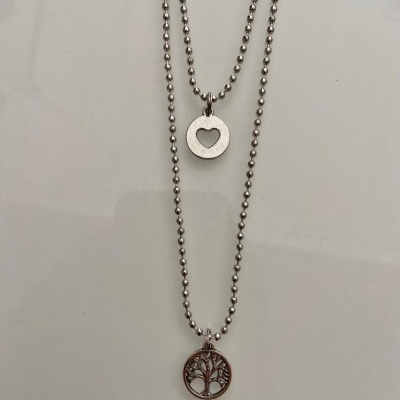 Colar duplo prateado com coração e árvore da vida