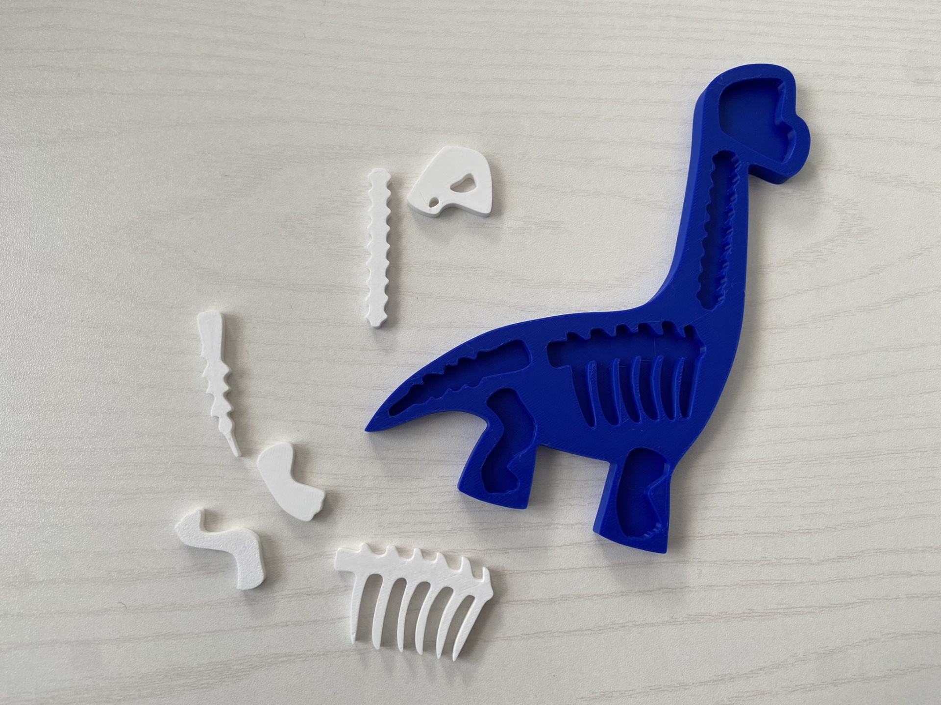Puzzle # Dinossauros # Kit 2 Molde azul de dinossauro com peças ósseas brancas removíveis
