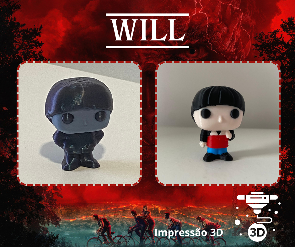 Figuras Will – Stranger Things (impresso em 3D) - LOW COST Duas figuras Funko Pop, uma preta e outra com avental vermelho e saia azul