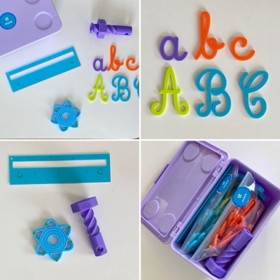 Peças de letras coloridas, régua, engrenagem e estojo lilás com saco transparente # misa