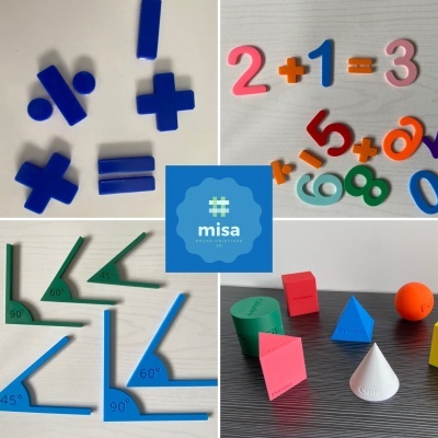 Diversos materiais educativos matemáticos coloridos em quatro imagens distintas