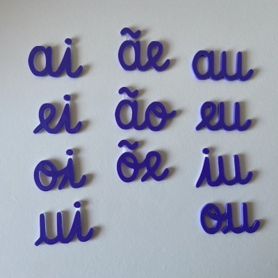 Letras roxas de pares vocálicos em português sobre fundo branco