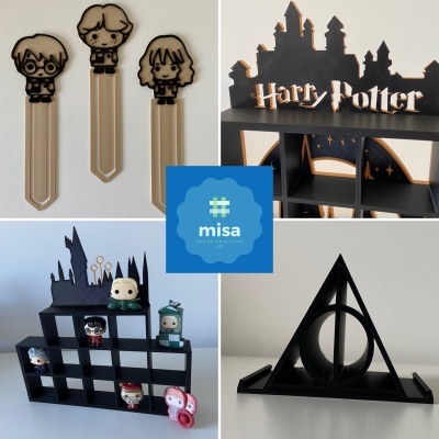Marcadores de livros, estantes e decoração temática Harry Potter em preto com figuras Funko Pop