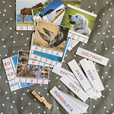Cartas educativas com imagens de animais e palavras em português sobre tecido cinza com bolinhas brancas.