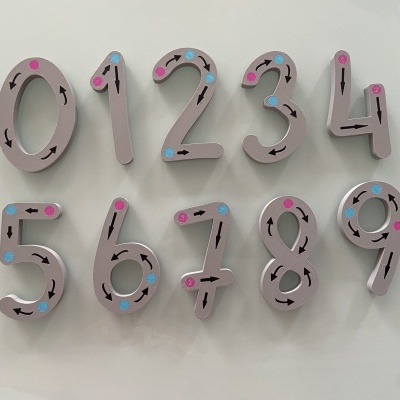 Conjunto de números de 0 a 9 em cinzento com setas e pontos azuis e cor-de-rosa