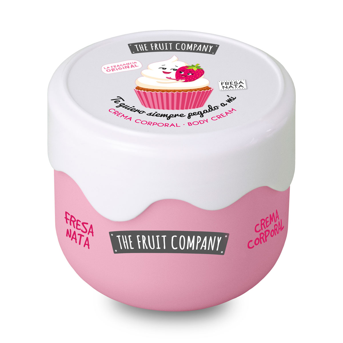 Frasco rosa e branco de creme corporal THE FRUIT COMPANY com imagem de cupcake