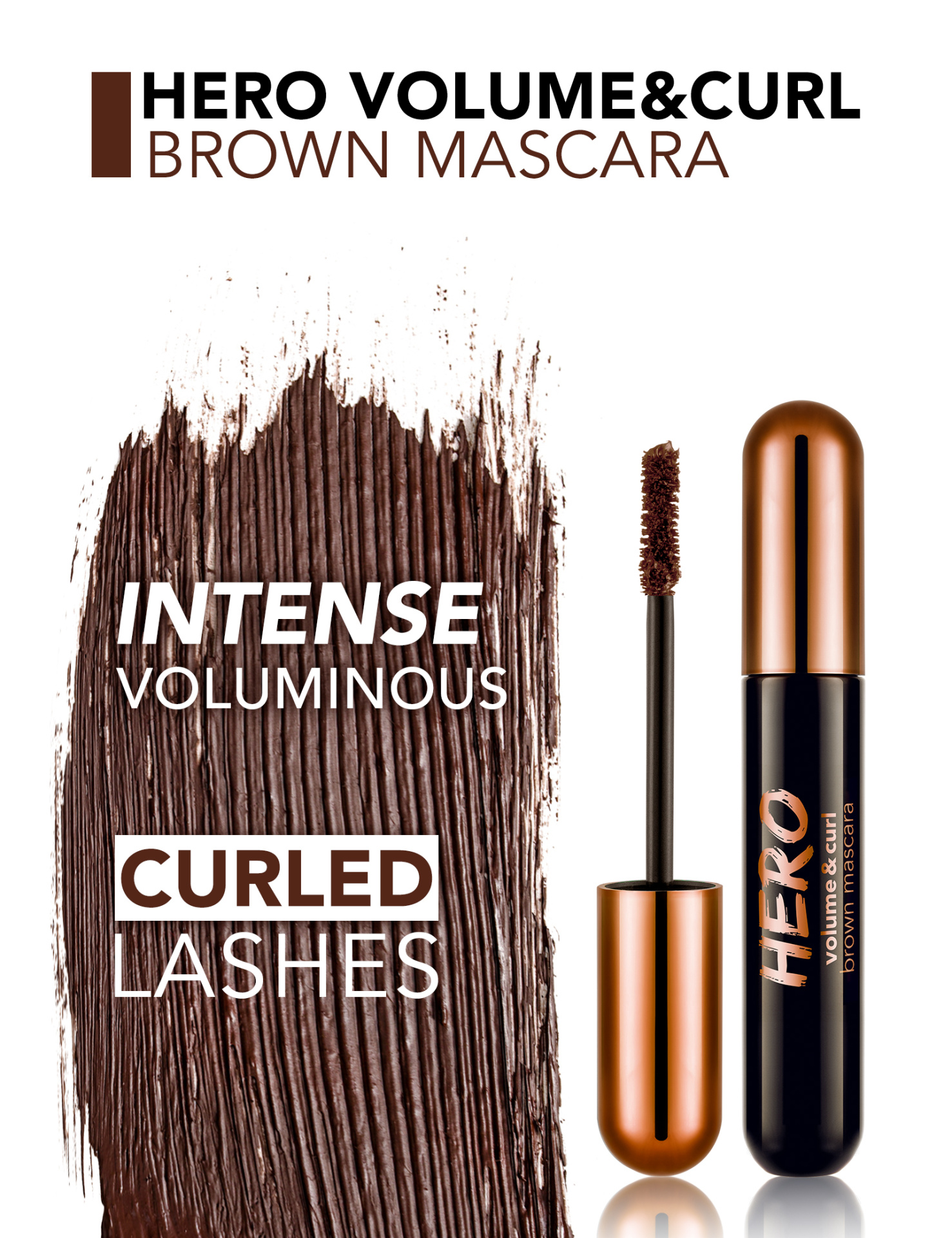 Máscara de pestanas marrom HERO Volume & Curl com pincel aplicador e texto promocional