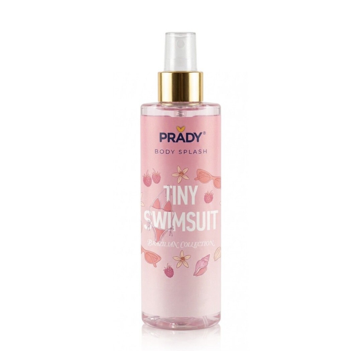 Frasco de body splash PRADY cor rosa com desenhos e tampa branca com dourado