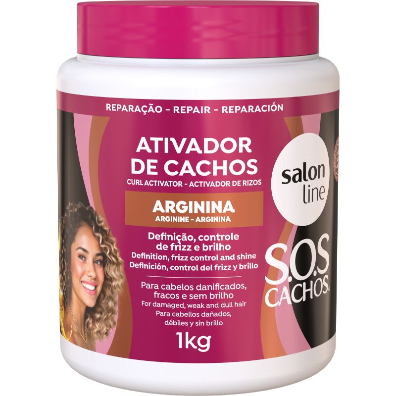 Frasco de ativador de cachos da salon line com rótulo rosa e branco