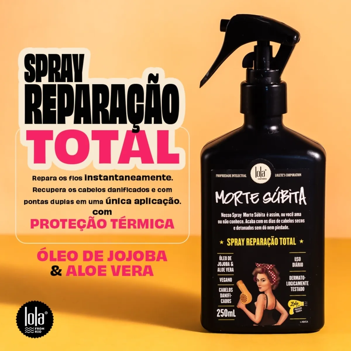 Frasco negro de spray reparação total com texto em português e destaque em rosa e amarelo