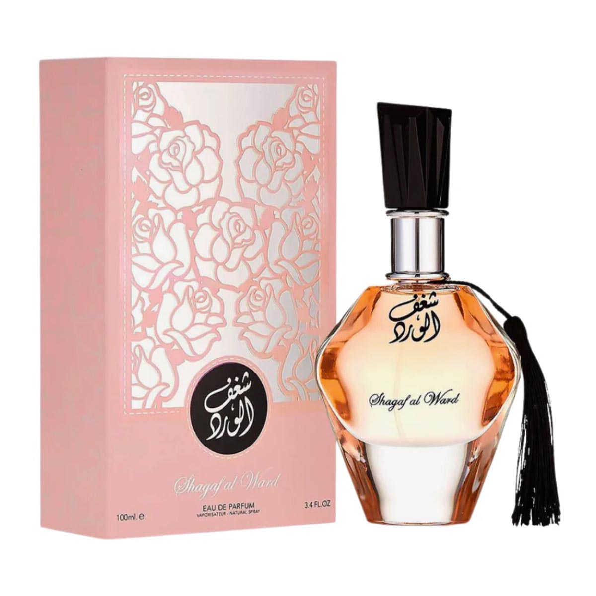 Frasco de perfume Shagaf al Ward com caixa rosa decorada