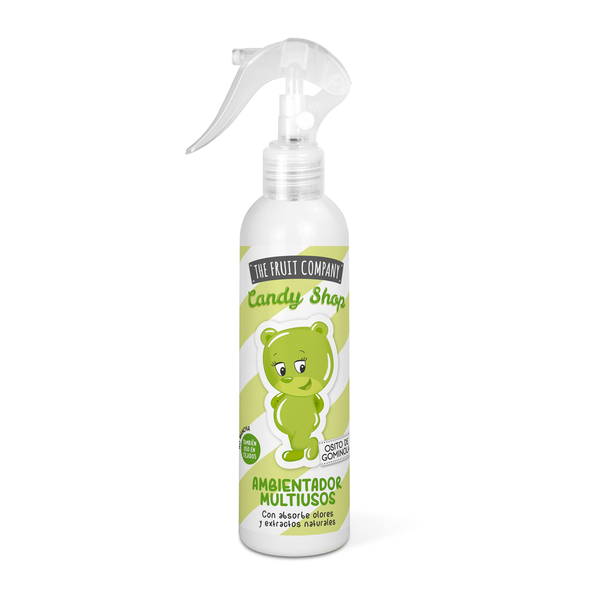 Frasco de ambientador multiusos branco com spray e ícone de urso verde